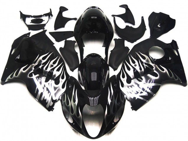 Best Aftermarket 1997-2007 Gloss Black with Silver Flames Suzuki GSXR 1300 Fairings