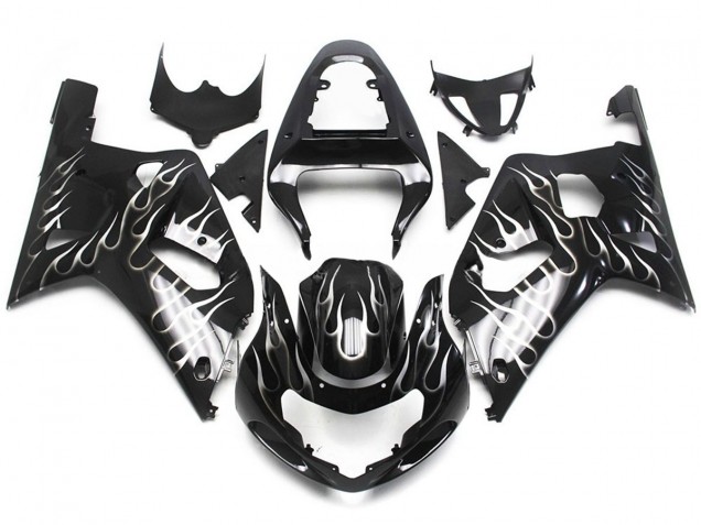 Best Aftermarket 2001-2003 Black and White Gloss Flame Suzuki GSXR 600-750 Fairings