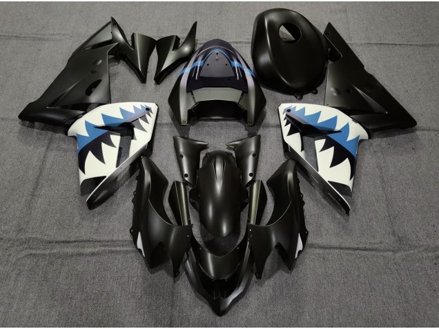 2004-2005 Matte Black and Light Blue Shark Kawasaki ZX10R Fairings