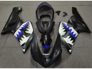 2005-2006 Matte Black and Blue Shark Kawasaki ZX6R Fairings