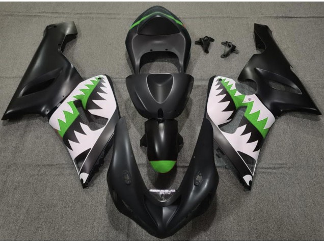 Best Aftermarket 2005-2006 Matte Black and Green Shark Kawasaki ZX6R Fairings