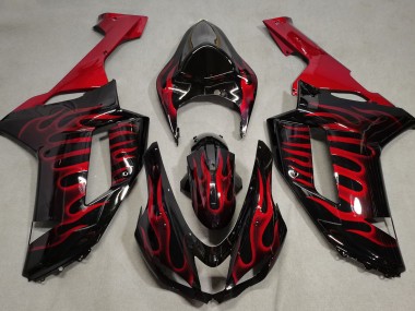 2007-2008 Gloss Black & Red Flame Kawasaki ZX6R Fairings