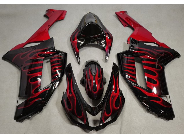 2007-2008 Gloss Black & Red Flame Kawasaki ZX6R Fairings