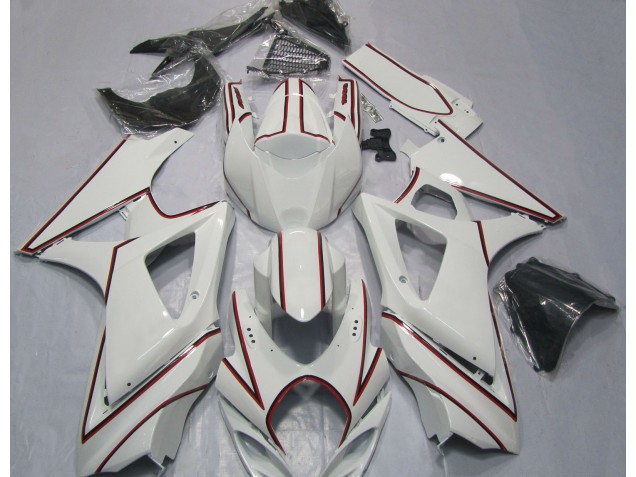 Best Aftermarket 2007-2008 White with Red Pin Stripe Suzuki GSXR 1000 Fairings