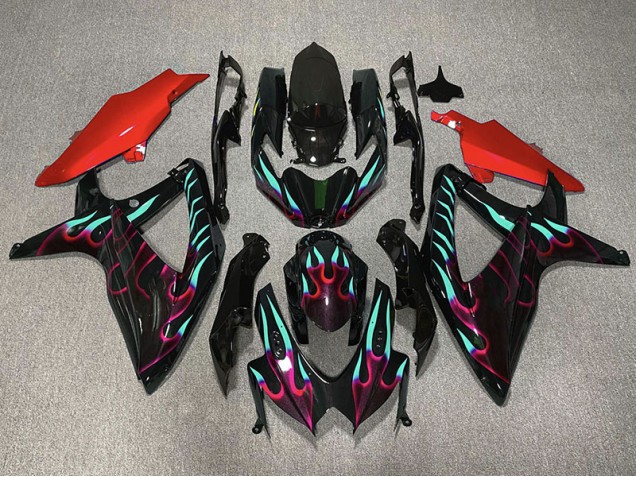 Best Aftermarket 2008-2010 Red and Cyan Flame Suzuki GSXR 600-750 Fairings