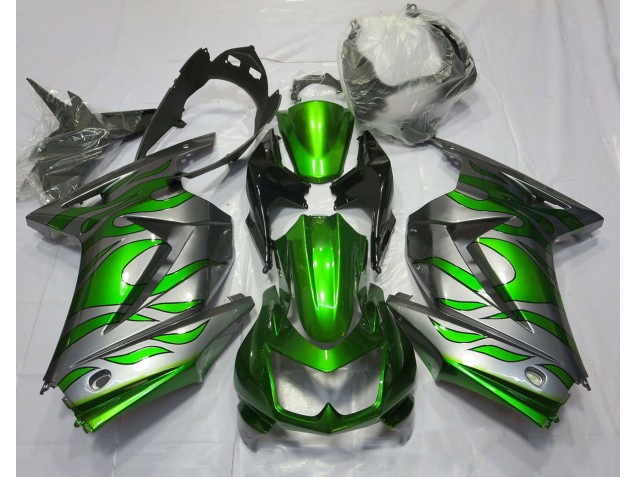 Best Aftermarket 2008-2013 Green and Silver Flame Kawasaki Ninja 250 Fairings