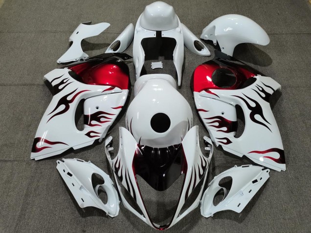 Best Aftermarket 2008-2019 Gloss White & Red Flame Suzuki GSXR 1300 Fairings